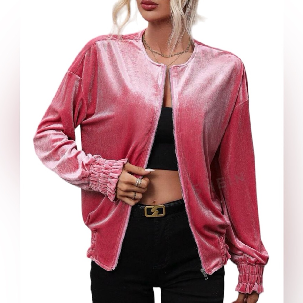 Drop Shoulder Zip Up Velvet Jacket
